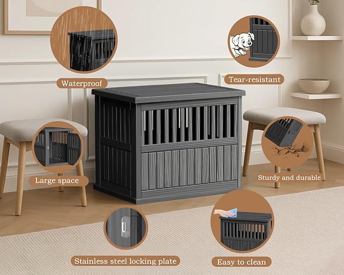 30 INCH Small Dog Crate Furniture Lockable Dog Kennel Indoor Dog Cage Plastic Pet Cage End Table for Small/Medium Dogs, Black