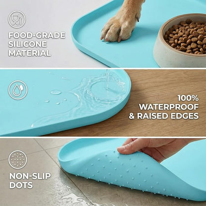 Waterproof Silicone Pet Feeding Mat Blue with Raised Edge,24" x 16"Non-Skid Spill Proof Dog Bowl Mats, Easy Clean Cat Bowls Placemat for Cats and Dogs