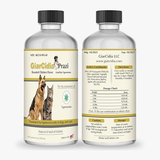 No More Tapeworms in Cats and Dogs- USA Made Dewormer for Cats and Dewormer for Dogs - Chicken Flavour-Glass Bottle with 3ml Dropper (120ml)