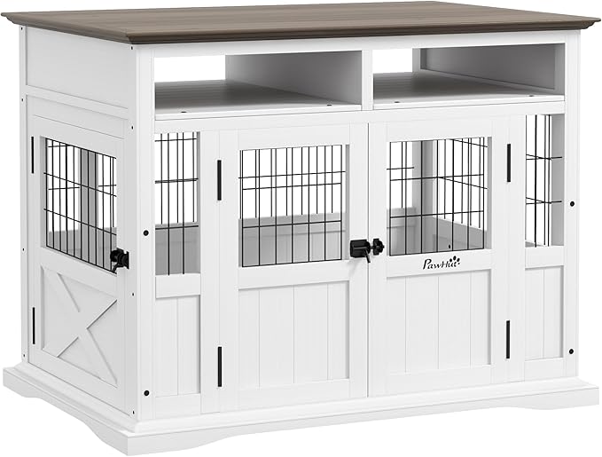 PawHut Dog Crate Furniture Side End Table with Storage, 41" Modern Wooden Dog Kennel Furniture with Double Doors for Small and Medium Dogs, White