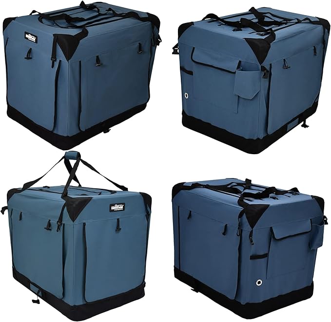 EliteField 4-Door Folding Soft Dog Crate with Curtains, Carrying Bag and Fleece Bed (2 Year Warranty), Indoor & Outdoor Pet Home (36" L x 24" W x 28" H, Blue Gray+4 Door Curtains)