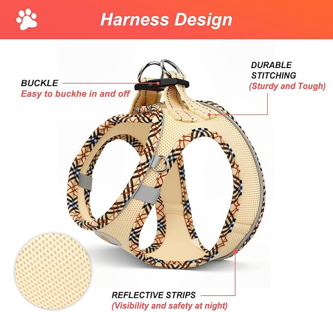 Hipubby Dog Harness Small Sized and Leash Set, No Pull Soft Mesh Puppy Vest, Reflective Breathable Lightweight Pet Harness, Harness for Small Medium Dogs and Cats - Khaki/Tirm, L