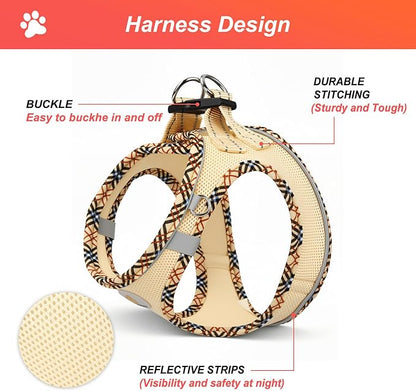 Hipubby Dog Harness Small Sized and Leash Set, No Pull Soft Mesh Puppy Vest, Reflective Breathable Lightweight Pet Harness, Harness for Small Medium Dogs and Cats - Khaki/Tirm, XS