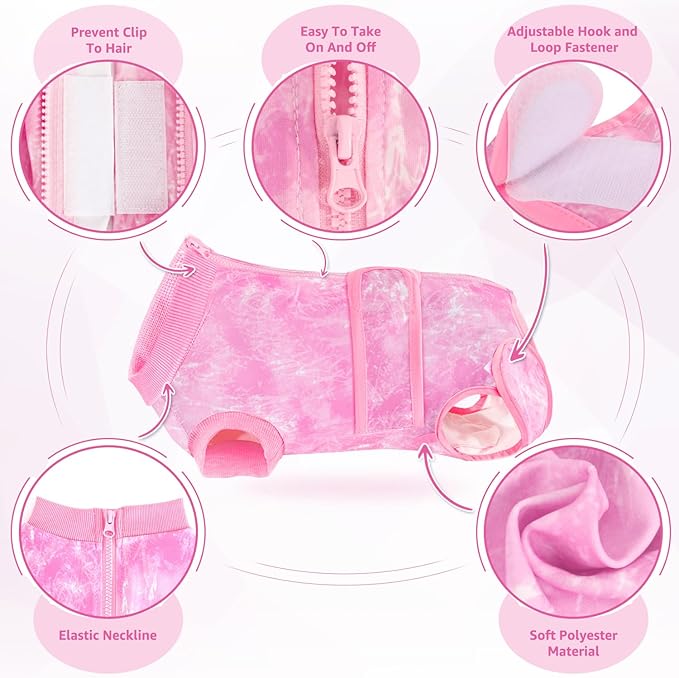 Lukovee Recovery Suit for Dogs, Zipper On Recovery Suit for Female Male Dog, Onesie Abdominal Wounds Cone E-Collar Alternative Prevent Licking Spay Recovery Suit (X-Small, Pink Tie-dye)