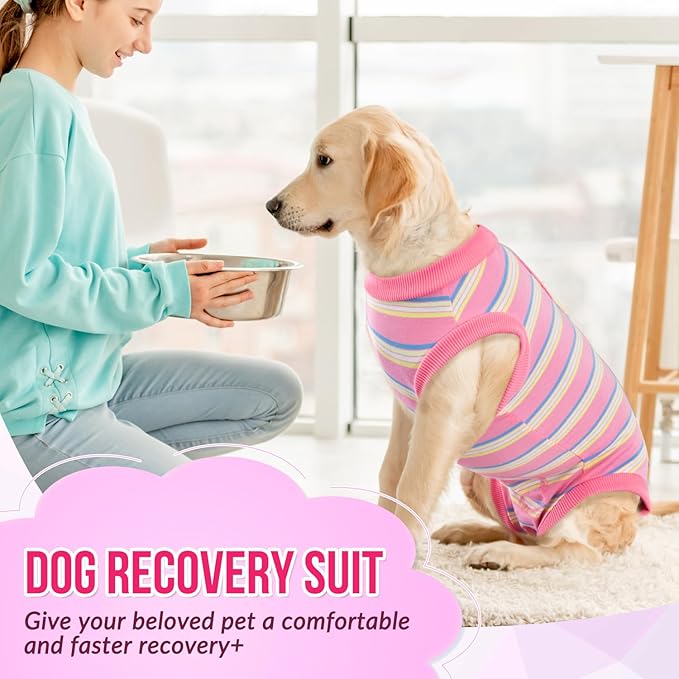 Lukovee Recovery Suit for Dogs, Onesie Surgery Recovery Suit for Female Male Dogs, Abdominal Wounds Cone E-Collar Alternative Prevent Licking Spay Recovery Suit (Pink Stripes,S)