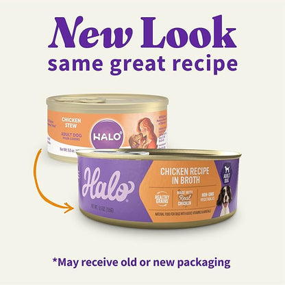 Halo Wet Dog Food Whole Chicken Stew Recipe, Healthy Grains Real Meat Canned Dog Food, Meal or Topper, 5.5 Oz Can (Pack of 12)