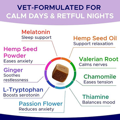 Advanced Calming Chews for Dogs - Hemp Treat + Melatonin + Valerian - Relaxing Bites - Calming Care - Stress Relief - Made in USA - Calm, Sleep Aid, Storms - 60Ct