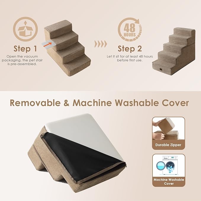 EHEYCIGA Dog Stairs for High Bed 22.5" H, 5-Step Dog Steps for Bed, Pet Steps for Small Dogs and Cats, Non-Slip Balanced Pet Ramp Indoor, Camel