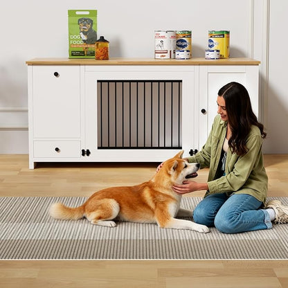 55 ” Wooden Dog Crate Furniture for Medium Dogs, End Table Sideboard Heavy Duty Dog House TV Stand with Pull-Out Feeding Station, Storage Cabinets and Drawer, Decorative Indoor White