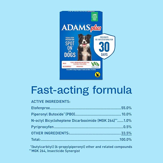 ADAMS Plus Flea & Tick Prevention Spot On for Dogs, Large Dogs, Kills Fleas & Ticks (Brown Dog/Deer Ticks), Kills and Repels Mosquitoes, Prevents Flea Infestations, 3-Month Supply, 3 Pack