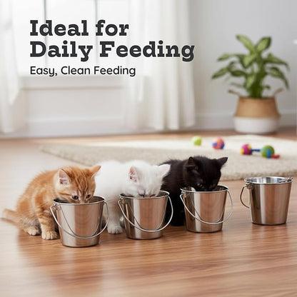 Heavy Duty Stainless Steel Dog Water Bucket with Handle, 1 Quart (0.25 Gallon) Round Pail for Small Dogs Cat Bird & Livestock, Fits Kennel & Farm, Hanging Utility Silver Pet Pails, 4 Pack