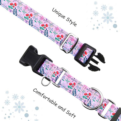 Reflective Martingale Collar with Quick Release Buckle Anti Pulling Girl Female Dog Collars (Pink Flowers Plants, Large)
