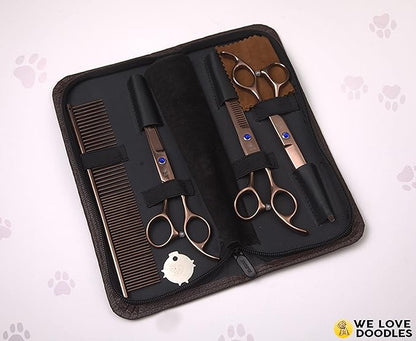 Dog Grooming Scissors Kit - Best Tools for Goldendoodles & Poodles - Straight, Curved & Thinning Shears - Professional Grade Stainless Steel, 4 Pc Set [We Love Doodles]