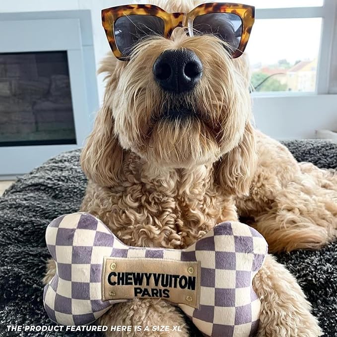 Haute Diggity Dog Chewy Vuiton Bone Plush Squeaky Dog Toy, Soft Durable Designer-Inspired Stuffed Puppy Chew Toys for Small, Medium & Large Dogs, Machine-Washable (Tan Checker) XL