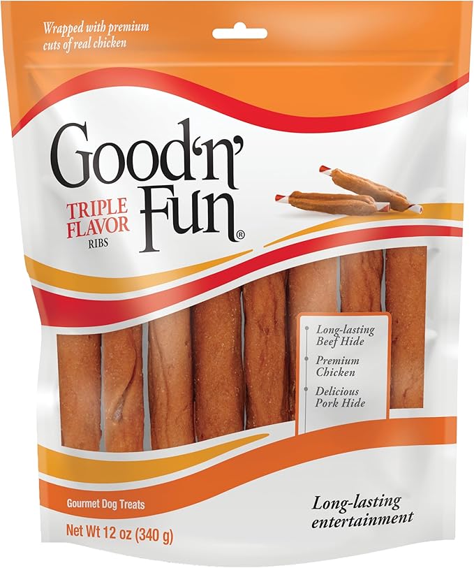 Good 'n' Fun Triple Flavor Ribs Chews for All Dogs, Treat Your Dog to Long-Lasting Chews Made with Beef Hide, Chicken and Pork Hide, 12 Ounces