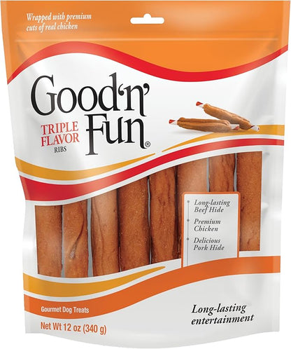 Good 'n' Fun Triple Flavor Ribs Chews for All Dogs, Treat Your Dog to Long-Lasting Chews Made with Beef Hide, Chicken and Pork Hide, 12 Ounces