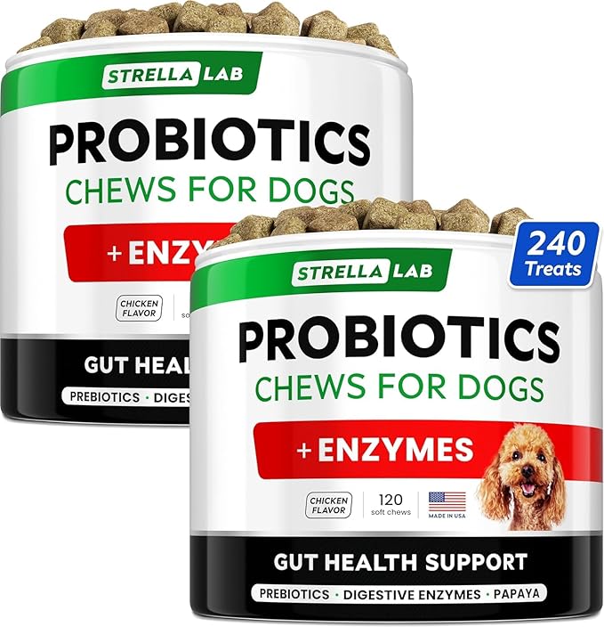 STRELLALAB Dog Probiotics Chews for Digestive Health & Gut Support with Yeast and Enzymes - Anti Gas, Diarrhea and Upset Stomach Immune Supplement - Digestion Treats with Fiber (240Ct, Chicken)