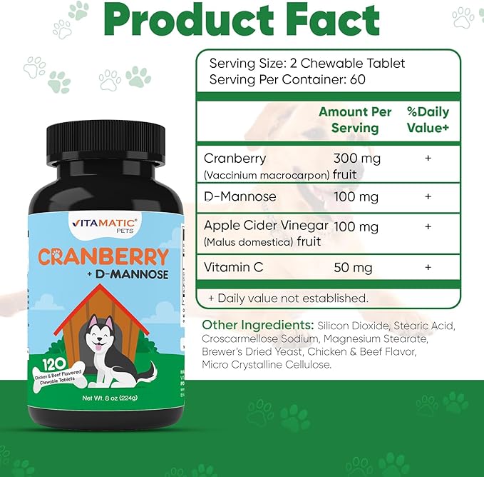 Vitamatic Cranberry for Dogs – 120 Chewable Tablets – with D-Mannose, Apple Cider Vinegar & Vitamin C – Urinary Tract & Bladder Support for Dogs - 2 Pack