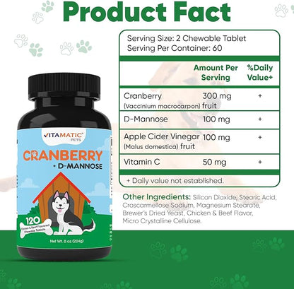 Vitamatic Cranberry for Dogs – 120 Chewable Tablets – with D-Mannose, Apple Cider Vinegar & Vitamin C – Urinary Tract & Bladder Support for Dogs - 2 Pack