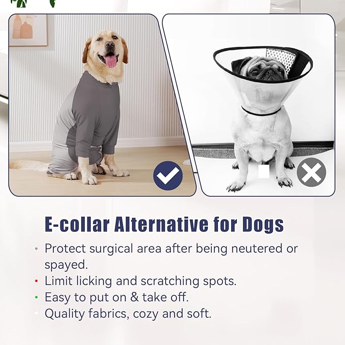 Dog Recovery Suit for Surgery Dog Onesie for Female and Male E-Collar Alternative Anti Shedding Pajamas Long Sleeve Claming Bodysuit Gray L