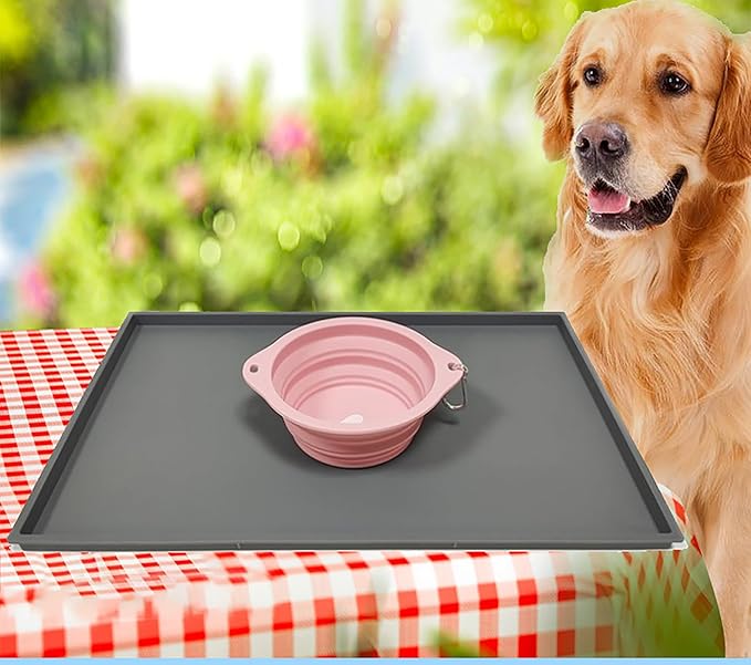 Pet Feeding Mat, 18.5 Inch x 11.4 Inch Silicone Black Waterproof Anti-Slip Bowel Met for Pet Food and Water (Black, m)