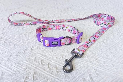 Dog Collar Leash Set, Floral Pattern, Polyester Material, Adjustable Collar and 5ft Matchcing Leash, for Large Dogs.(L, Purple Lily)