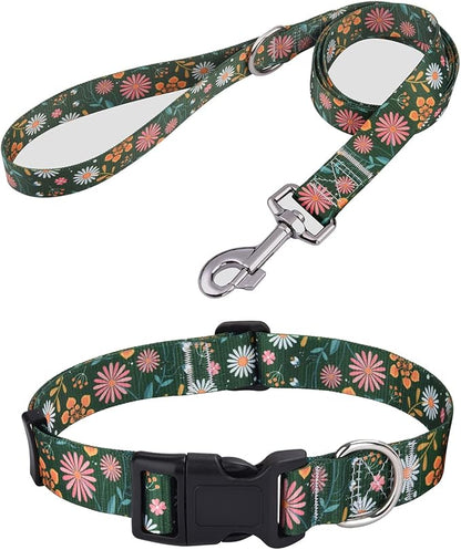 Mihqy Dog Collar and Leash Set with Bohemia Floral Tribal Geometric Patterns - Soft Ethnic Style Collar Adjustable for Small Medium Large Dogs(Dark Green Flower Set,S)