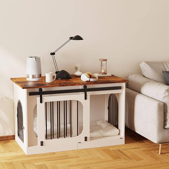 XXL Dog Crate Furniture, 47.2 Inches White Kennel Furniture with Cushion Decorative Farmhouse Crate Indoor Thick Wooden Pet House End Table Modern Cage Furniture for Medium/Large Dog