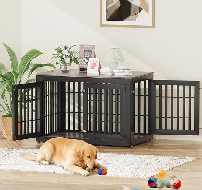 Snuowu 48" Heavy Duty Dog Crate Furniture for Small,Medium and Large Dogs,Rustic Wooden Dog Cage Kennel Indoor Furniture with Waterproof Top,Decorative Pet House Side End Table (Black & Grey)