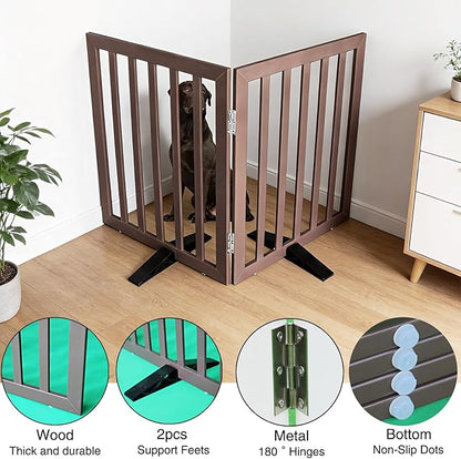 Dog Gate Indoor, Freestanding Dog Fence for The House, Doorways, Hallways,or Stairs,Pet Gate Foldable Wooden,Expandable 24" Height 2 Panels,Brown