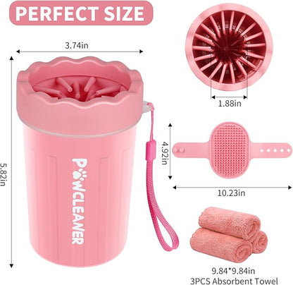 Professional 7 in 1 Dog Paw Cleaner for Dogs - Includes 1 Portable Paw Washer, 1 Bath Brush, 2 Dog Toothbrushes and 3 Absorbent Towels Note: Fits Paws 1.5 to 2.5 Inches Wide (Medium, Light Pink)