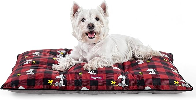 Berkshire Peanuts® Square Dog Bed, Suedemink Fleece Pet Mat with Waterproof & Non-Slip Bottom, Soft Plush Dog Mat for Crate, Couch, or Floor, Machine Washable(Snoopy Everyday Buffalo Plaid, Large)