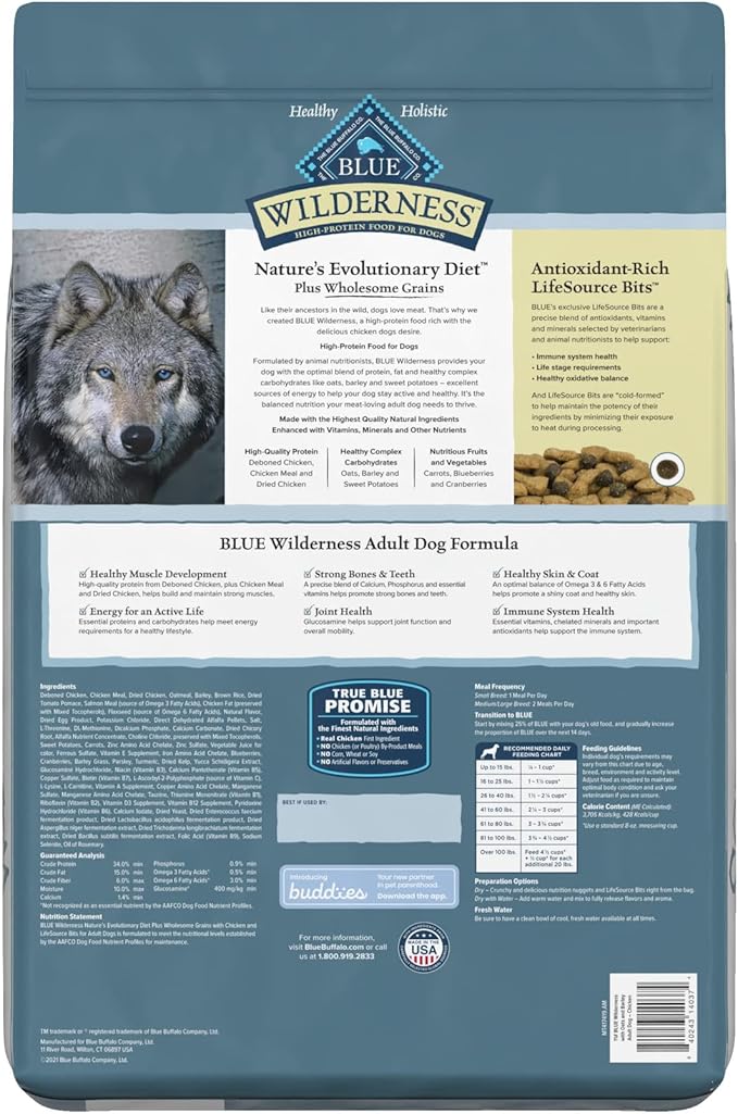 Blue Buffalo Wilderness High Protein Natural Adult Dry Dog Food Plus Wholesome Grains, Chicken 11-lb