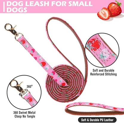 EXPAWLORER Small Collar and Leash Set - Embroidery Pawprints with Bow Tie and Bandana Collar with Bell, Soft Tangle Free Leash for Dogs Cats Outdoor Walking, Holiday Ideal Gift Pink Strawberry S