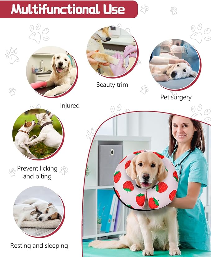 MIDOG Inflatable Dog Cone Alternative for After Surgery - Soft Protective Donut Collar Prevents Licking, Comfortable Recovery E-Collar Alternative for Small Medium Large Dogs (Strawberry,XS)