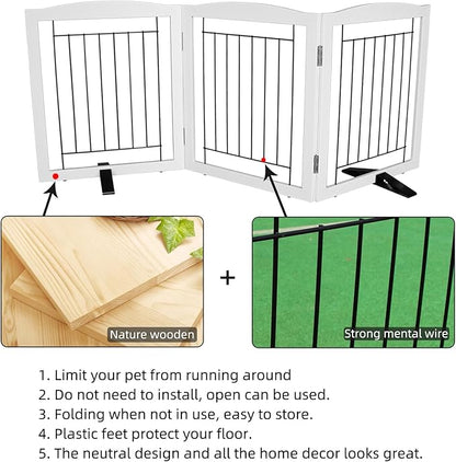 ZJSF Freestanding Dog Fence Indoor, Foldable Dog Gate for Doorways, Stairs or Hallways, Sturdy Wood Extra Wide Pet Gate with Support Feet for The House, White, 32 "Height-3 Panels