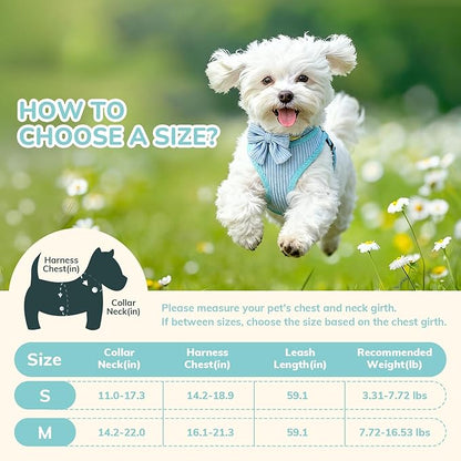 Small Dog Collar Harness and Leash Set, Dog Harness no Pull with Bowtie, Breathable Cotton Adjustable Pet Puppy Harness, Easy Walk Dog Harness, S(14–18.9")