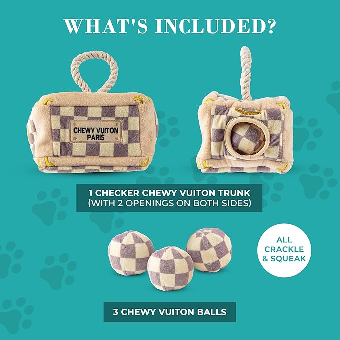 Haute Diggity Dog Chewy Vuiton Trunk Puzzle with 3 Plush Squeaky Dog Toys, Soft Durable Designer-Inspired Stuffed Puppy Chew Toys for Small & Medium Dogs, Machine-Washable (Tan Checker) One Size