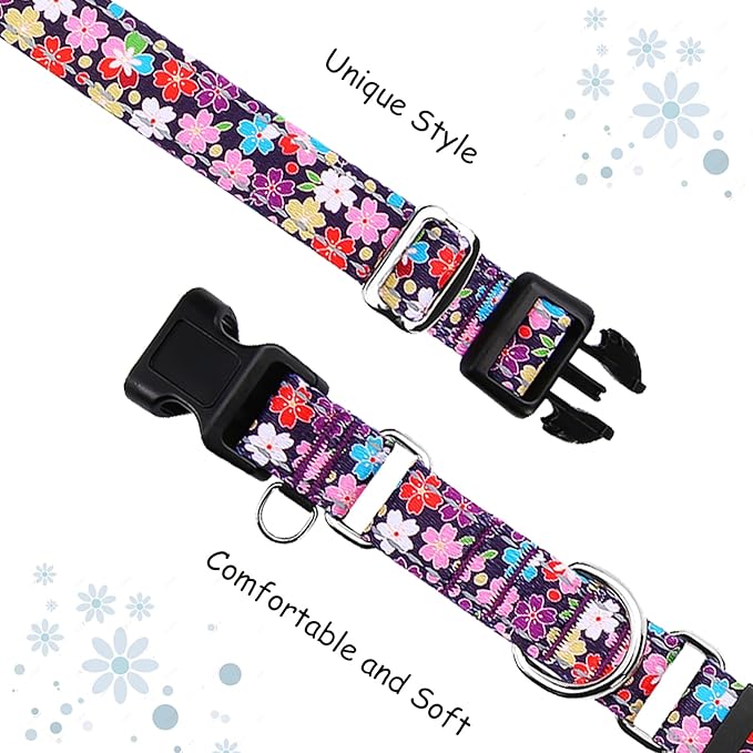 Reflective Martingale Collar for Dogs with Buckle Pretty Fancy Female Floral Dog Collars (Japanese Blossoms, Small)