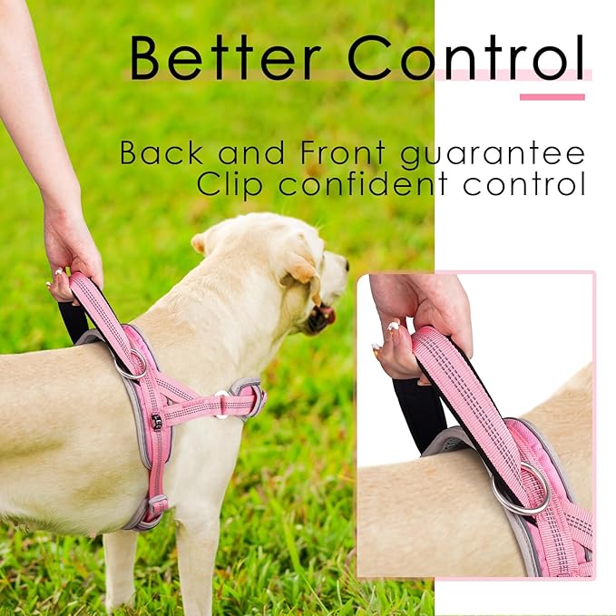 ADVENTUREMORE No Pull Large Dog Harness, Sport Dog Halter Harness Reflective Breathable Dog Vest Escape Proof Dog Harness with Easy Control Front Clip Handle for Training Walking XL Pink