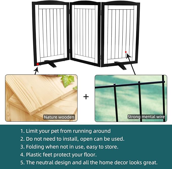 ZJSF Freestanding Dog Fence Indoor, Foldable Dog Gate for Doorways, Stairs or Hallways, Sturdy Wood Extra Wide Pet Gate with Support Feet for The House, Black, 32 "Height-3 Panels