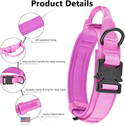 DAGANXI Tactical Dog Collar, Adjustable Military Training Nylon Dog Collar with Control Handle and Heavy Metal Buckle for Medium and Large Dogs, with Patches and Airtags Case (XL, Pink)