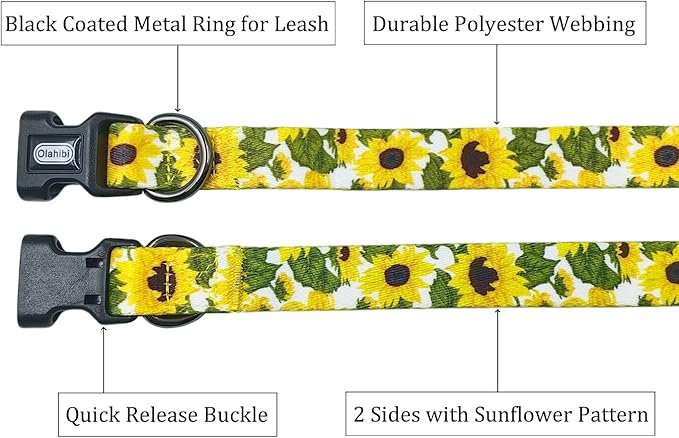 Dog Collar Leash Set, Floral Pattern, 5ft Matching Leash, Polyester Material, 4 for Small Medium Large Dogs.(S, Sunflower)