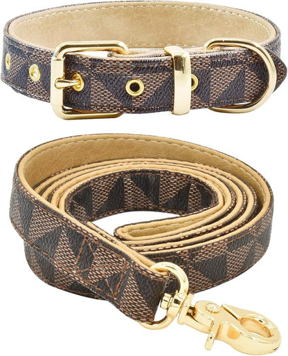 Leather Dog Collar and Leash Set, Check Pattern Dog Collar Leashes Metal Buckle Adjustable Durable for Small Medium Large Dogs (Brown, L(14.5-18.5IN))