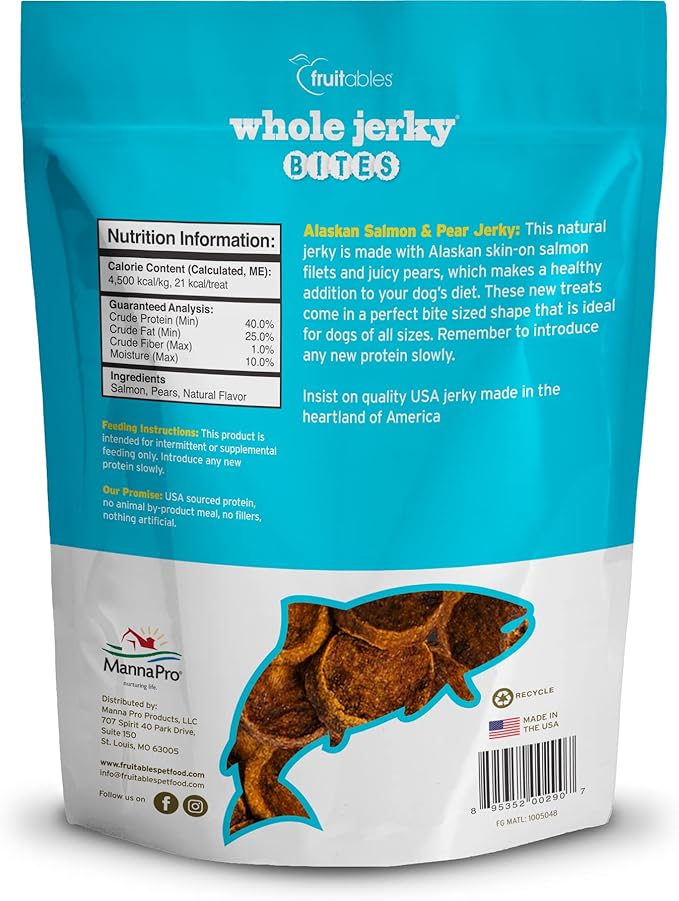 Fruitables Whole Jerky Bites, Healthy Dog Treats, Puppy Essentials, Jerky Dog Treats, Made in the USA, No Artificial Ingredients, Alaskan Salmon & Pear Flavor, 5oz (Pack of 2)