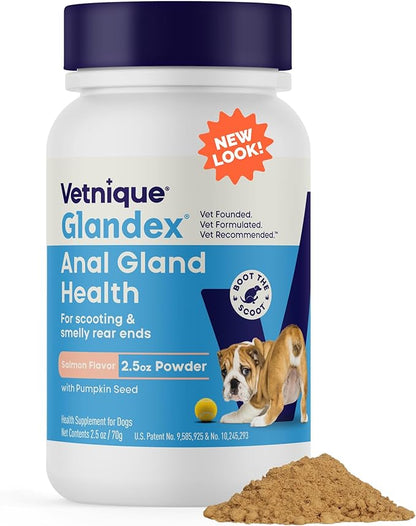 Vetnique Glandex Dog Fiber Supplement Powder for Anal Glands with Pumpkin, Digestive Enzymes & Dog Probiotics for Digestive Health - Vet Recommended - Boot The Scoot (Salmon, 2.5oz Powder)