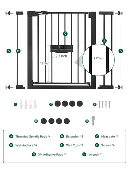 Babelio New Version Baby Gate with Cat Door Adjustable, 29-40" Metal Pet Door for Stairs & Doorways, Pressure Mounted, No Tools Needed, Black