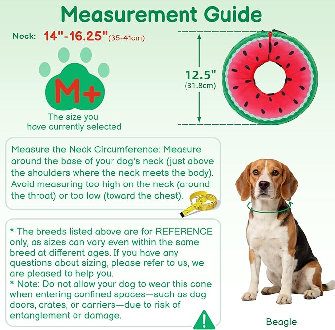 Sponge Dog Cone After Surgery, No Inflation Required Dog Donut Collar to Stop Licking, Inflatable Cone Alternatives for Medium Pets, Soft Recovery Collar with Protective Shield (Watermelon,M+)