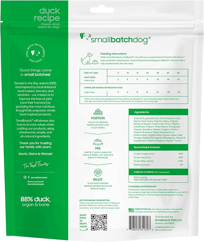 smallbatch Pets Freeze Dried Raw Dog Food, Duck Recipe, 14 oz, Organic High Protein Dog Food, Grain Free, Made in the USA, Humanely Raised Meat, Single Protein, for Picky Eaters, Hydrate & Serve