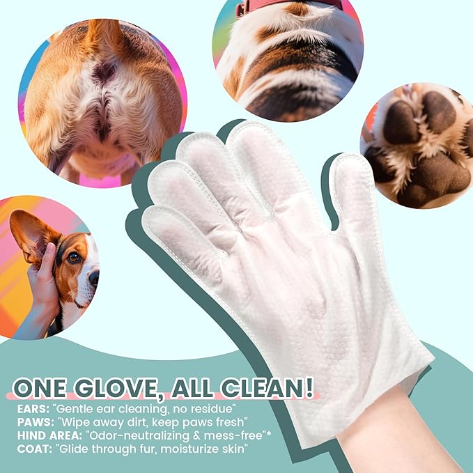 IMMHABI 100 Pcs Pet Glove Wipes, Cleaning & Deodorizing for Dogs & Cats, Hypoallergenic Dog Bath Wipes with Natural Persimmon Tannin, Unscented Wipes for Ears, Fur, Paws